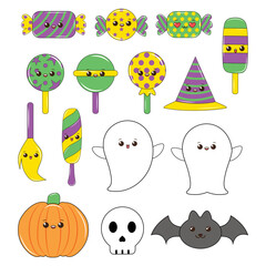 Halloween kawaii clipart and sticker collection. Cute Kawaii Halloween Character set. Halloween character set in cartoon comic style. Vector set of Cute Kawaii Halloween Character.