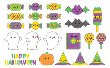 Cute Kawaii Halloween Character set. Halloween kawaii clipart and sticker collection. Halloween character set in cartoon comic style. Vector set of Cute Kawaii Halloween Character.