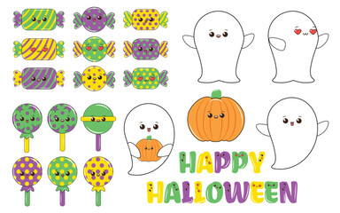 Cute Kawaii Halloween Character set. Halloween kawaii clipart and sticker collection. Halloween character set in cartoon comic style. Vector set of Cute Kawaii Halloween Character.