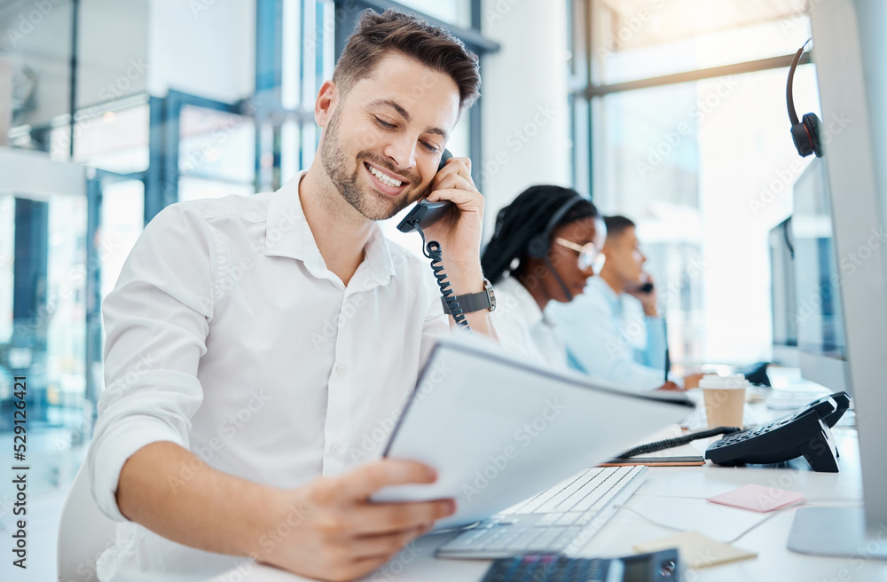 Poster Telemarketing training and web help man on an office phone consultation with a work script. Happy internet call center and crm customer support consultant working on digital tech customer service