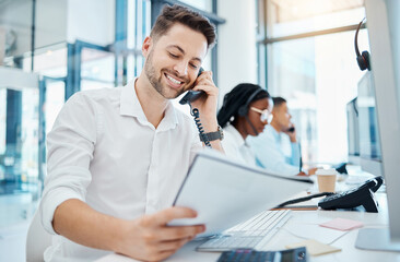 Telemarketing training and web help man on an office phone consultation with a work script. Happy...