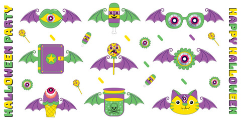 Halloween characters sticker pack. Halloween character set in cartoon comic style and halloween set of patches for design. Vintage Halloween character design.