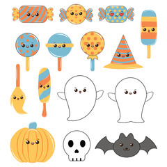 Groovy style Halloween Character set. Halloween kawaii clipart and sticker collection. Vintage Character set. Groovy style kawaii sticker set. 90s style Psychedelic Groovy kawaii sticker set. 