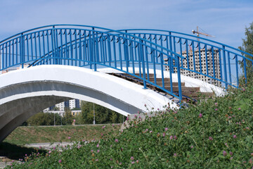 bridge over pond in park at dry sunny summer day