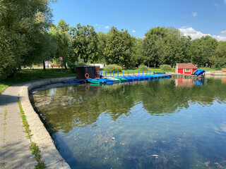 boat station in park at dry sunny summer day