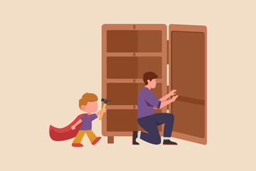 Little boy with hammer helps his father assemble the wardrobe at home. Concept of helping parents at home. Flat vector illustrations isolated.