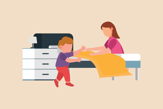 Little Boy Helps His Mother Make Bed At Home. Concept Of Helping Parents At Home. Flat Vector Illustrations Isolated.