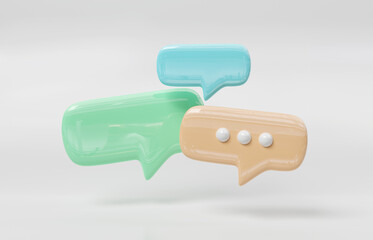 Minimalist blue green and yellow speech bubbles talk icons floating over white background. Modern conversation or social media messages with shadow. 3D rendering