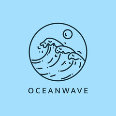 Minimalist ocean wave logo line art illustration template design with circle