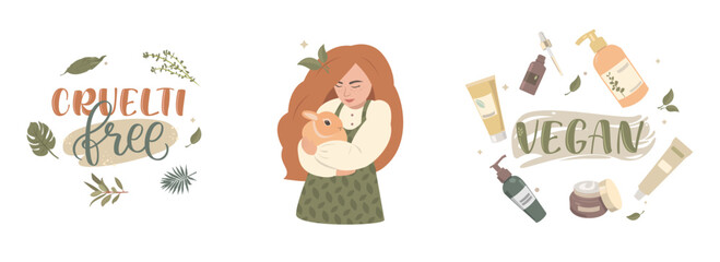 Set of natural organic cosmetics. Not tested on animals. Modern vector illustrations in a flat style, isolated on a white background. A set of cosmetics.