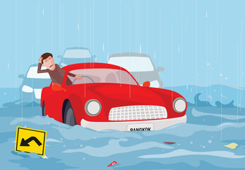 Traffic jam and there is flood the way, vector illustration and flat design.