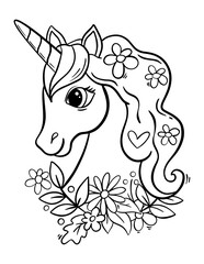Magical unicorn coloring pages for kids and adults. Outline horse illustration. © aliaross