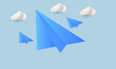 unique realistic three blue paper airplane clouds minimal 3d design isolated on background.Trendy and modern vector in 3d style.