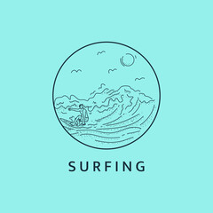 Minimalist surfing man logo line art illustration template design with circle