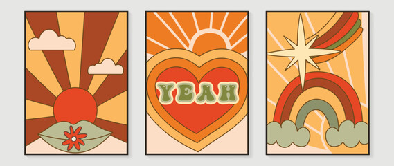 Collection of 70s wall art background vector. Set of retro wall decoration, groovy, sunshine, fonts, rainbow, lips, flower. Vintage hippie poster for interior, decorative, banner, cover, wall design.