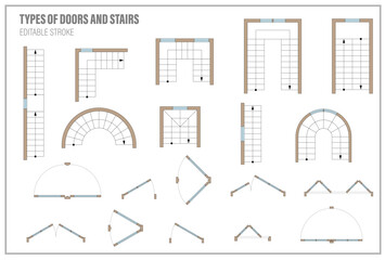 Architectural elements set for floor plan top view. Kit of icons for interior project. Door, stair for scheme of apartments. Construction symbol, graphic design element, blueprint. Vector illustration - obrazy, fototapety, plakaty