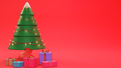 3D Rendering Of Christmas Tree Decorated By Lighting Garland With Gift Boxes, Sack And Copy Space On Red Background, Merry Christmas Concept.