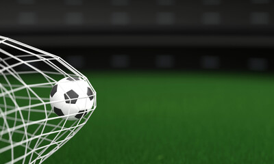 3D Render Soccer Ball Hitting The Back Of The Net Against Playground View.