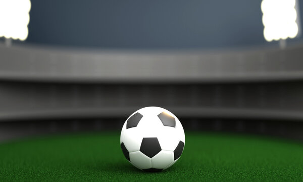 3D Render of Soccer Ball Over Blurred Stadium View Background.