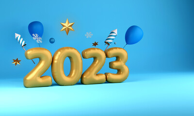 3D Render of Golden Balloon 2023 Number With Stars, Snowflakes, Balloons And Fireworks Rocket On Glossy Blue Background.