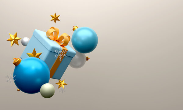 3D Render Of Gift Box With Golden Stars, Balls, Baubles And Copy Space On Glossy Gray Background.