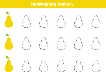 Tracing lines for kids. Hand drawn yellow pear. Writing practice.