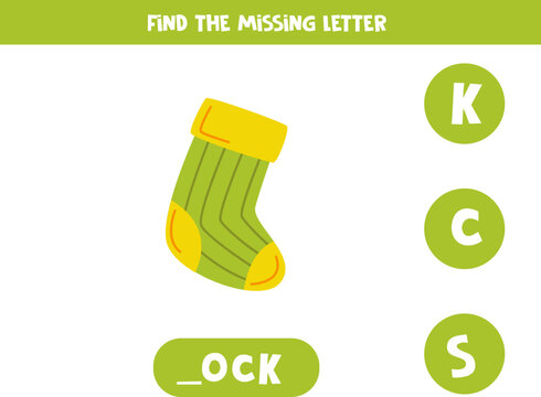 Find Missing Letter With Hand Drawn Green Sock. Spelling Worksheet.