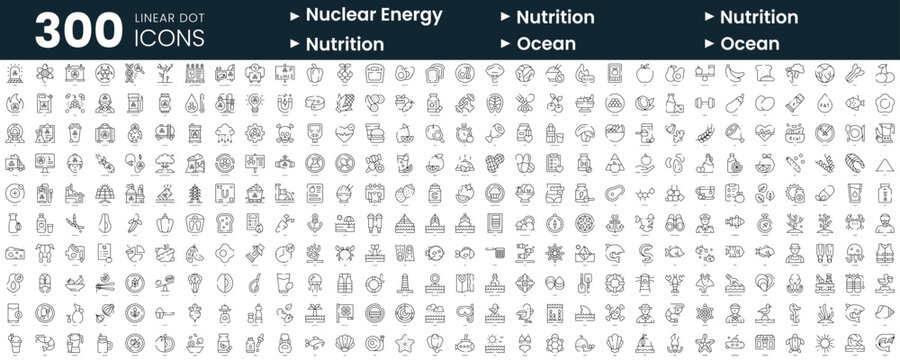 Set of 300 thin line icons set. In this bundle include nuclear energy, nutrition, ocean