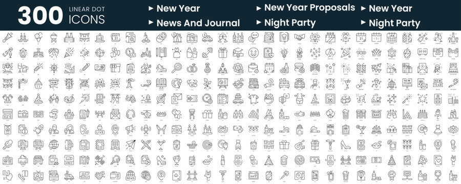 Set of 300 thin line icons set. In this bundle include news and journal, new year, new year proposals, night party