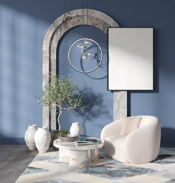 mock up poster frame in modern interior background, living room, Contemprorary style, 3D render, 3D illustration 