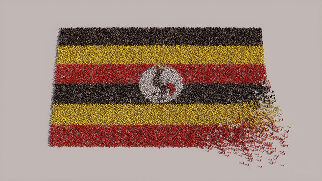 A Crowd of People coming together to form the Flag of Uganda. Ugandan Banner on White.