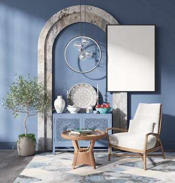 mock up poster frame in modern interior background, living room, Contemprorary style, 3D render, 3D illustration 