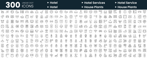 Set of 300 thin line icons set. In this bundle include hotel, hotel services, house plants, housekeeping - obrazy, fototapety, plakaty