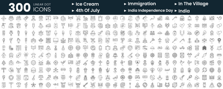 Set of 300 thin line icons set. In this bundle include ice cream shop, immigration, in the village, 4th of july, india, india independence day