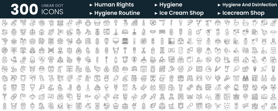 Set of 300 thin line icons set. In this bundle include human rights, hygiene, hygiene and dsinfection, hygiene routine, icecream shop, ice cream