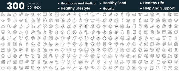 Set of 300 thin line icons set. In this bundle include healthcare and medical, healthy food, healthy life, healthy lifestyle, hearts, help and support