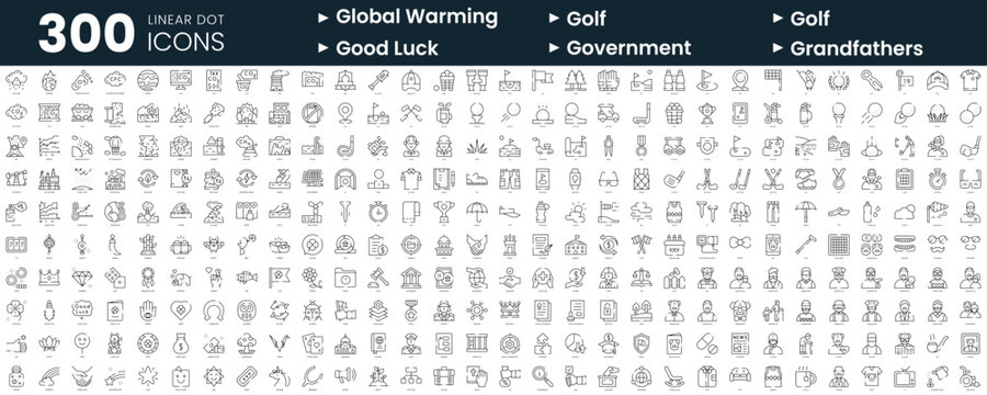 Set of 300 thin line icons set. In this bundle include global warming, golf, good luck, government, grandfathers