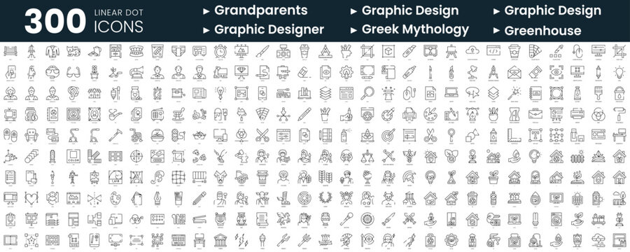 Set of 300 thin line icons set. In this bundle include grandparents, graphic design, greek mythology, greenhouse