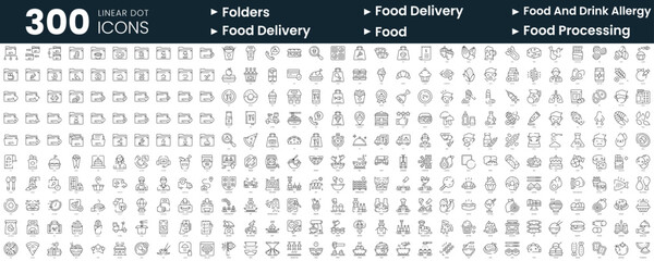 Set of 300 thin line icons set. In this bundle include folders, food delivery, food, food and drink allergy, food processing