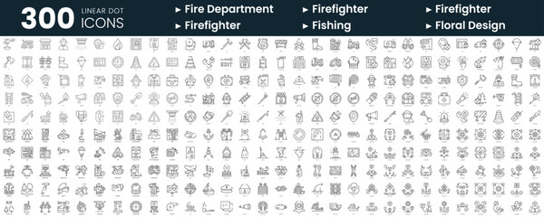 Set of 300 thin line icons set. In this bundle include fire department, firefighter, fishing, floral design - obrazy, fototapety, plakaty