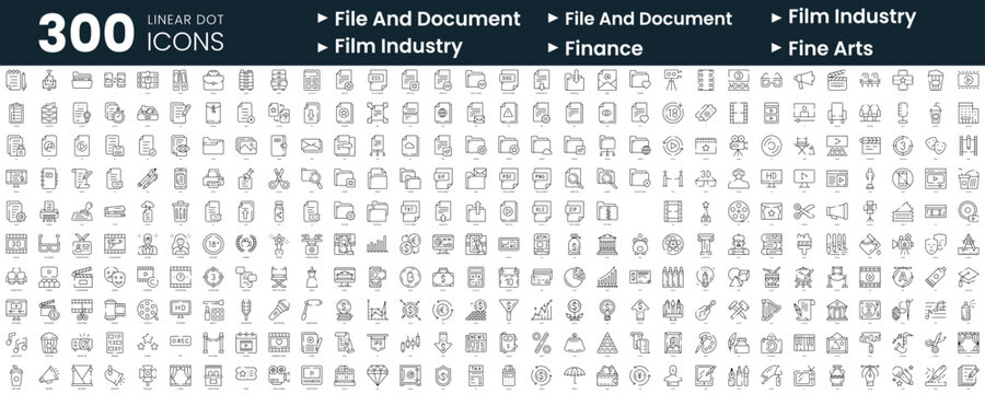 Set of 300 thin line icons set. In this bundle include file and document, film industry, finance, fine arts
