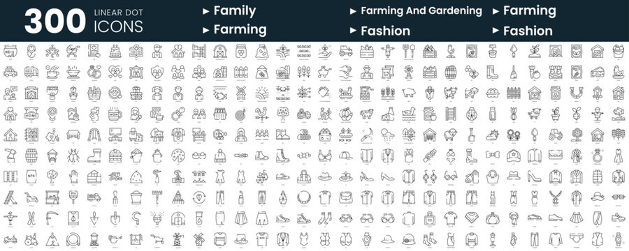 Set of 300 thin line icons set. In this bundle include family, farming and gardening, farming, fashion