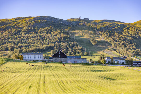 Farm under alpine resort in Oppdal. Oppdal is a municipality in Trøndelag county. It borders Surnadal and Rindal in the north, Rennebu in the northeast, Tynset in the east,Norway,scandinavia,Europe