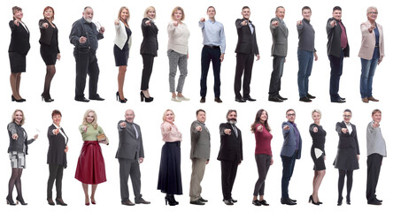 group of business people showing finger at camera