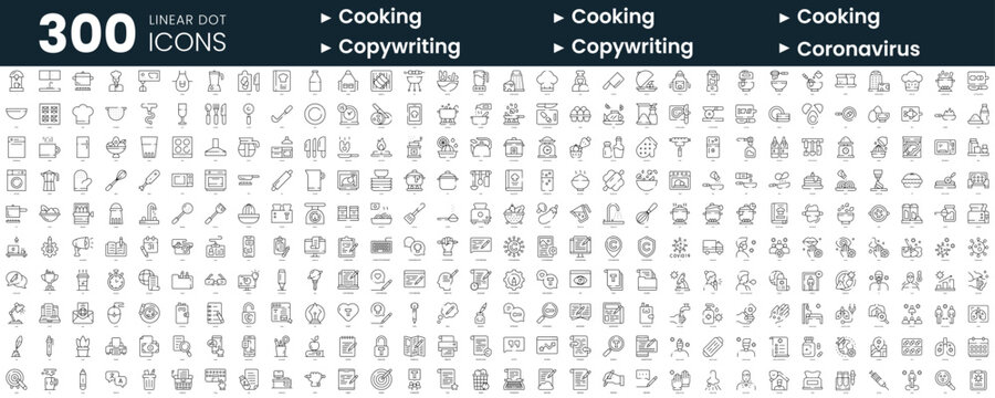 Set of 300 thin line icons set. In this bundle include cooking, copywriting, coronavirus