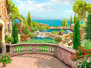 Digital illustration, view from the terrace to the seascape. Photo wallpapers. The fresco.