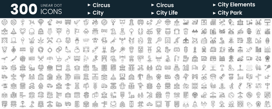 Set of 300 thin line icons set. In this bundle include circus, city elements, city, city life, city park
