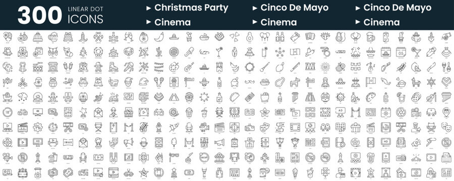 Set of 300 thin line icons set. In this bundle include christmas party, cinco de mayo, cinema