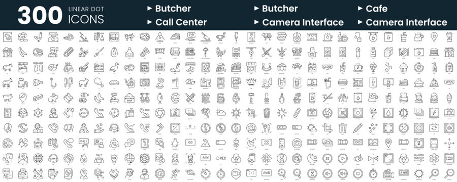 Set of 300 thin line icons set. In this bundle include butcher, cafe, call center, camera interface