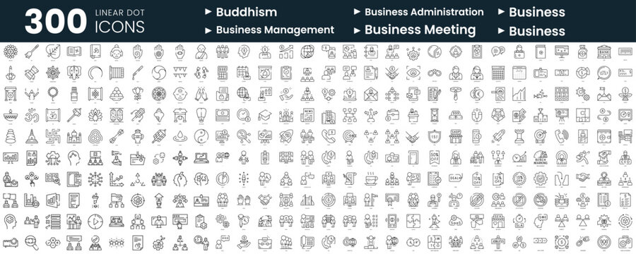 Set of 300 thin line icons set. In this bundle include buddhism, business administration, business, business management, business meeting